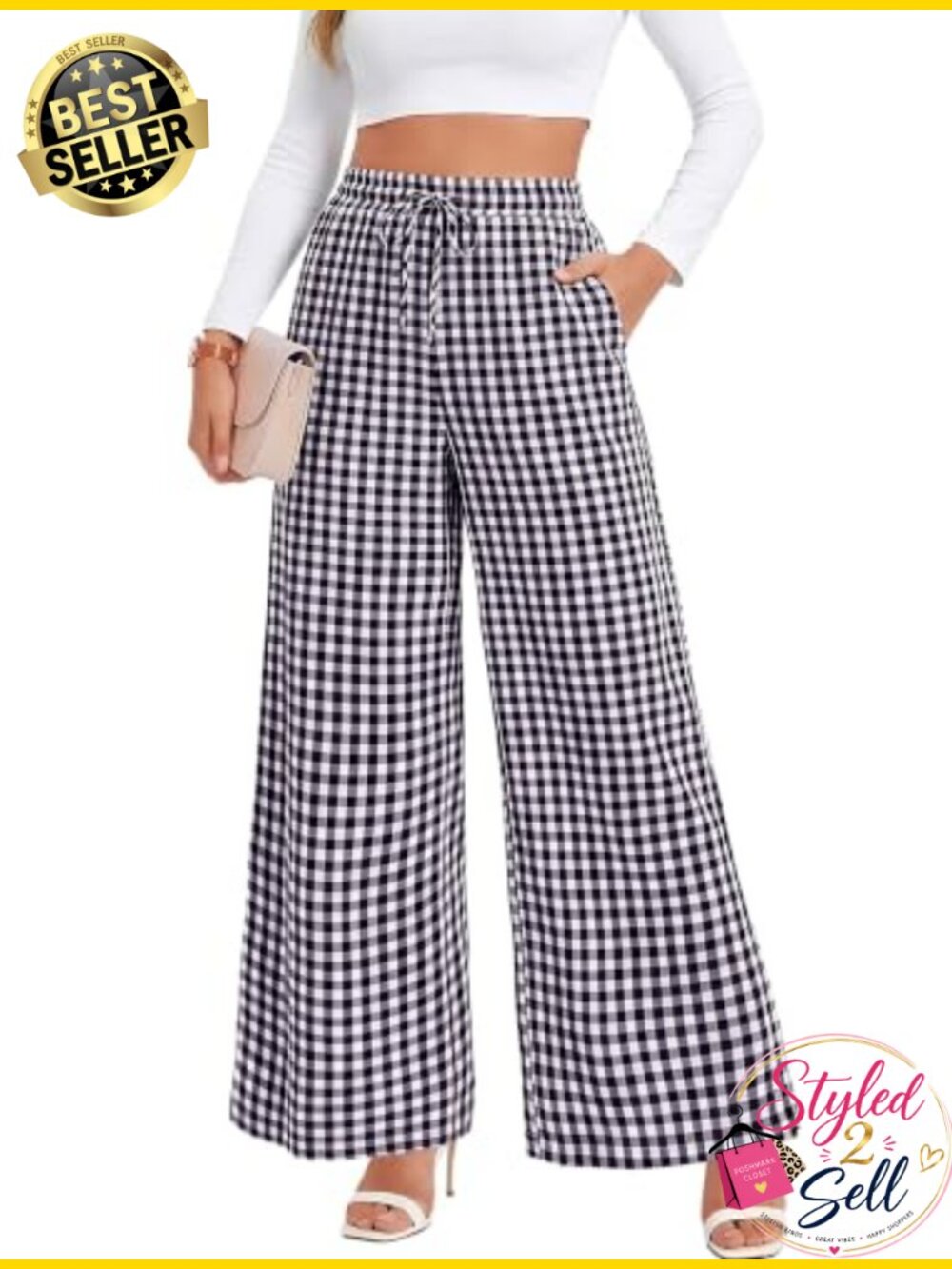 DIRASS Women High Waist Wide Leg Palazzo Pants 100% Cotton Gingham - Picture 3 of 6